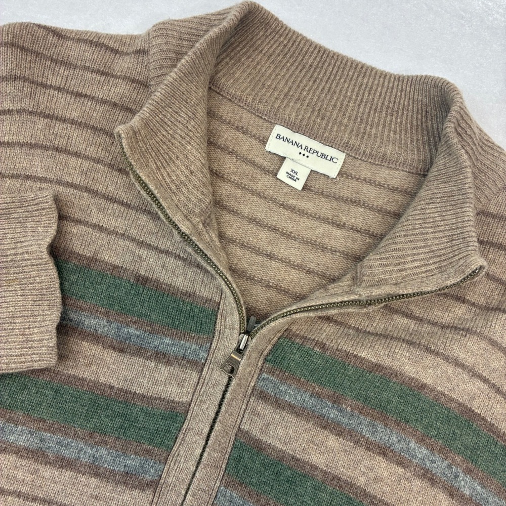 Banana Republic Quarter Zip Sweater Mens XXL Brown Striped Lambswool Pullover